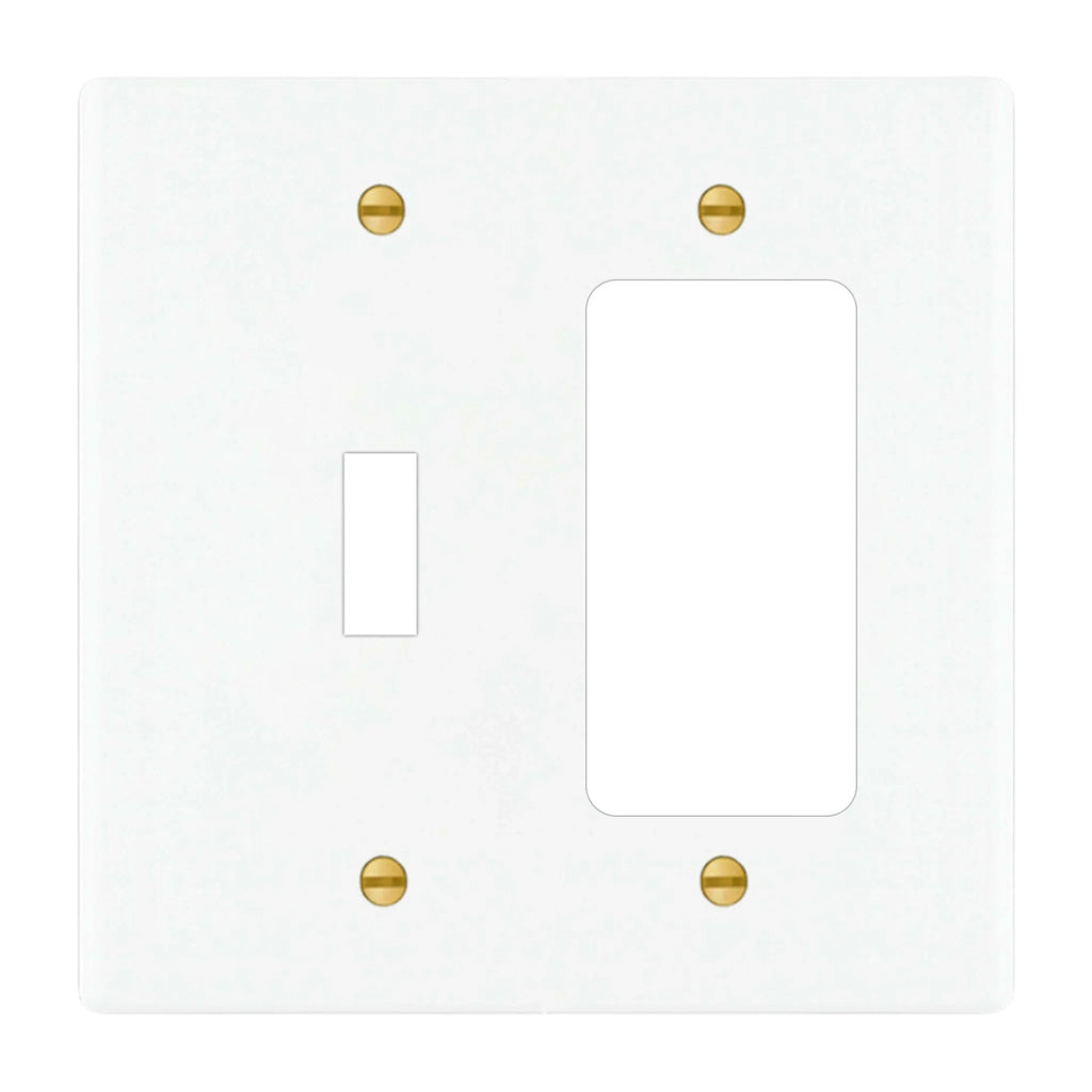2-gang solid brass wall plate in white finish, toggle plus decora outlet opening