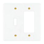 2-gang solid brass wall plate in white finish, toggle plus decora outlet opening