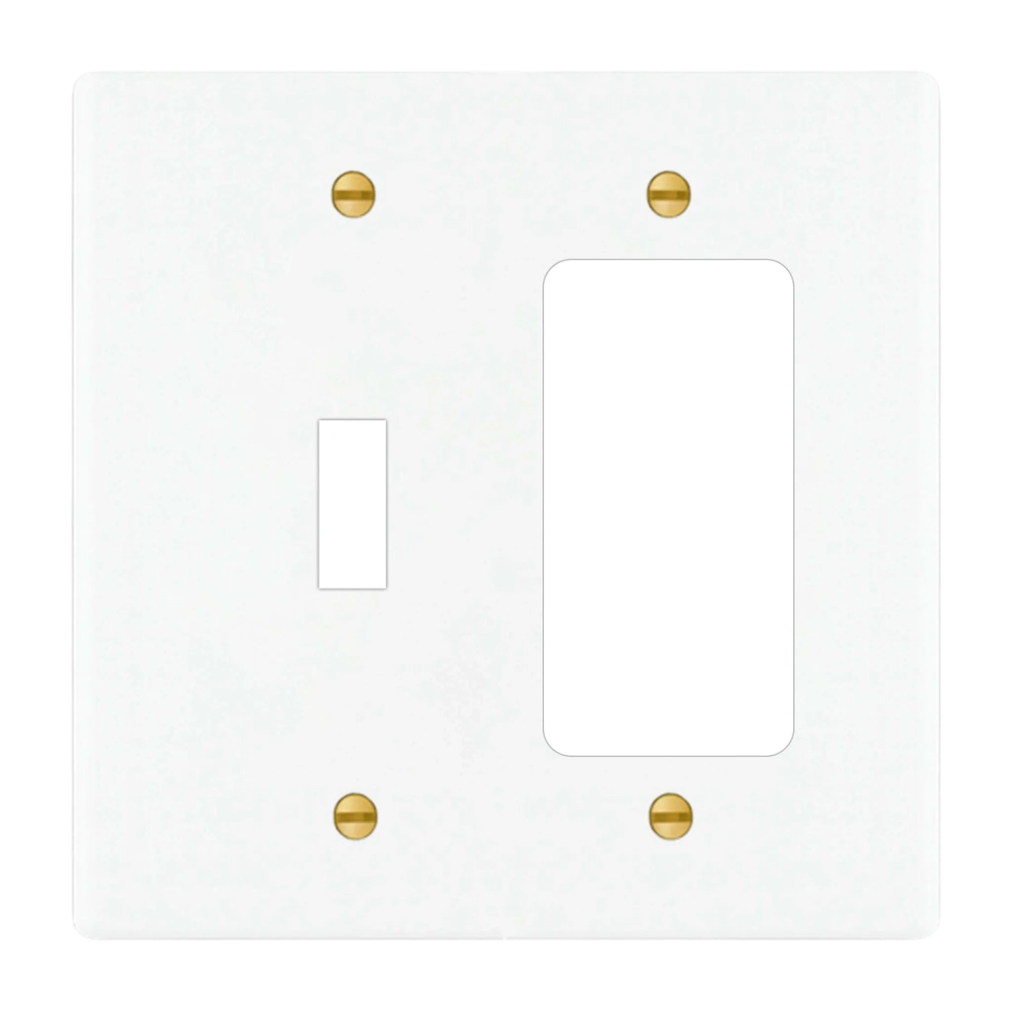 2-gang solid brass wall plate in white finish, toggle plus decora outlet opening