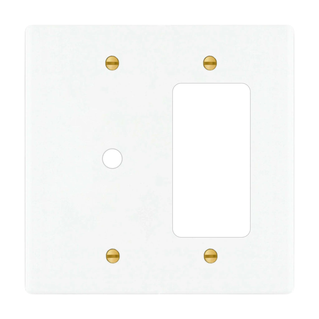 2-gang solid brass wall plate in white finish, rotary dimmer plus decorator outlet opening