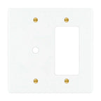 2-gang solid brass wall plate in white finish, rotary dimmer plus decorator outlet opening