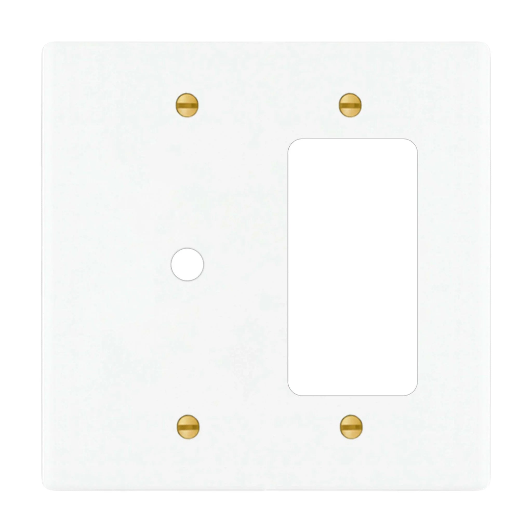 2-gang solid brass wall plate in white finish, rotary dimmer plus decorator outlet opening
