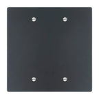 Black square wall plate with four silver screws on a white background