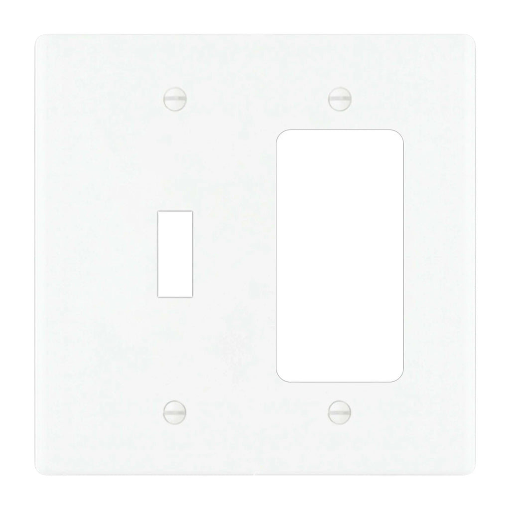 2-gang solid brass wall plate in white finish, toggle plus decora outlet opening