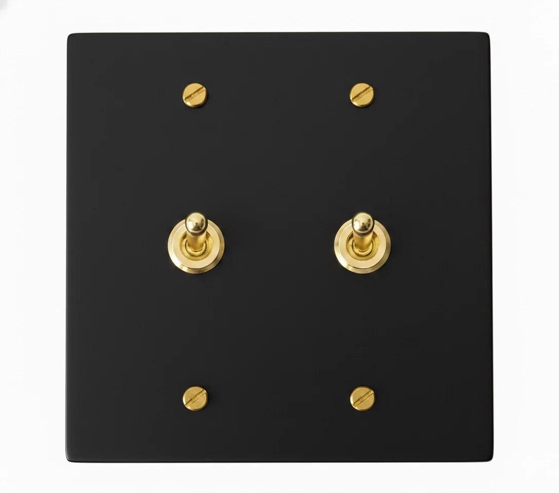 2-gang solid brass retro toggle light switch in matte black finish