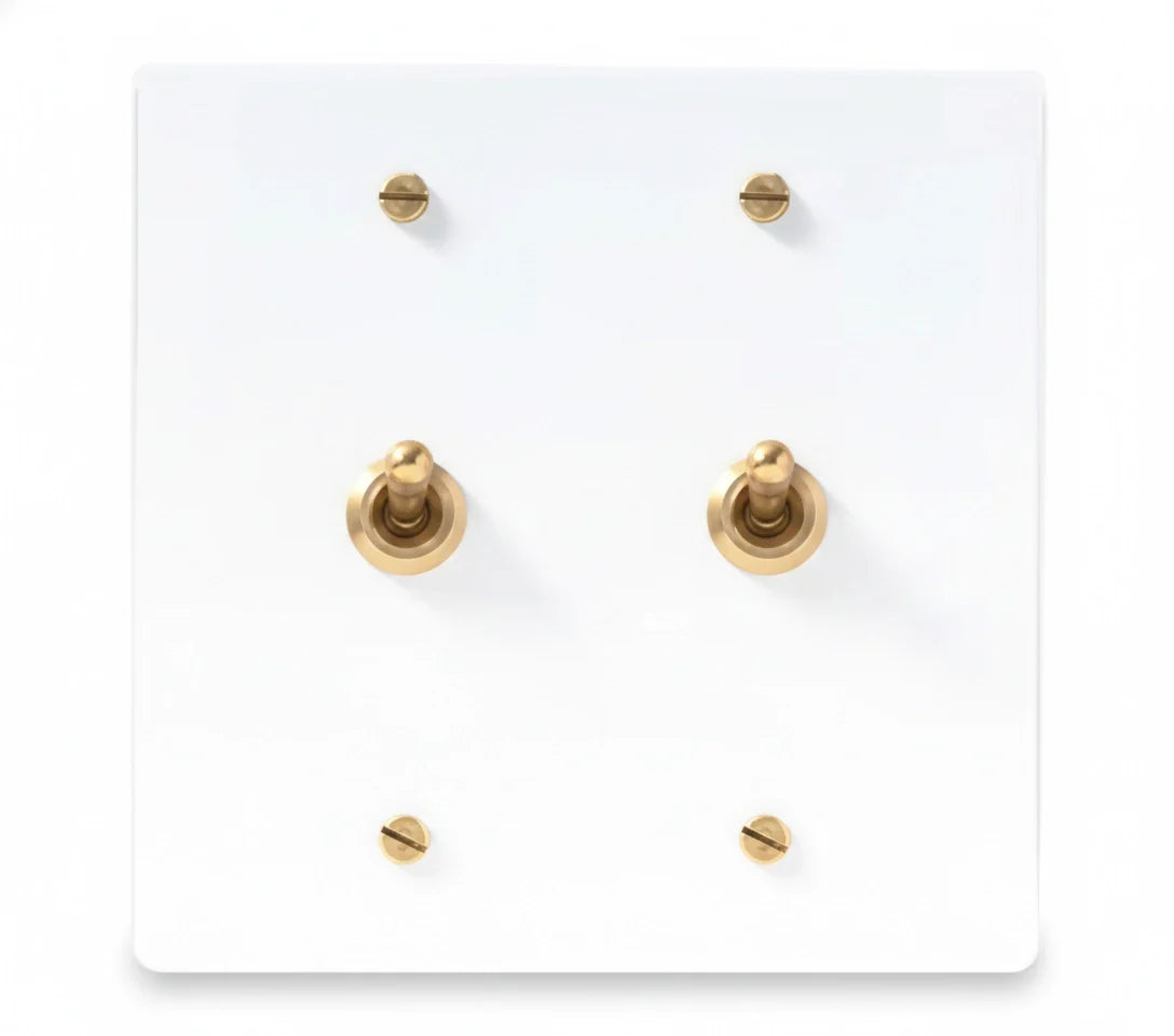 2-gang solid brass retro toggle light switch in white finish
