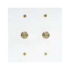 Two gang white dimmer switch plate with dual brushed brass knobs and clean modern design.