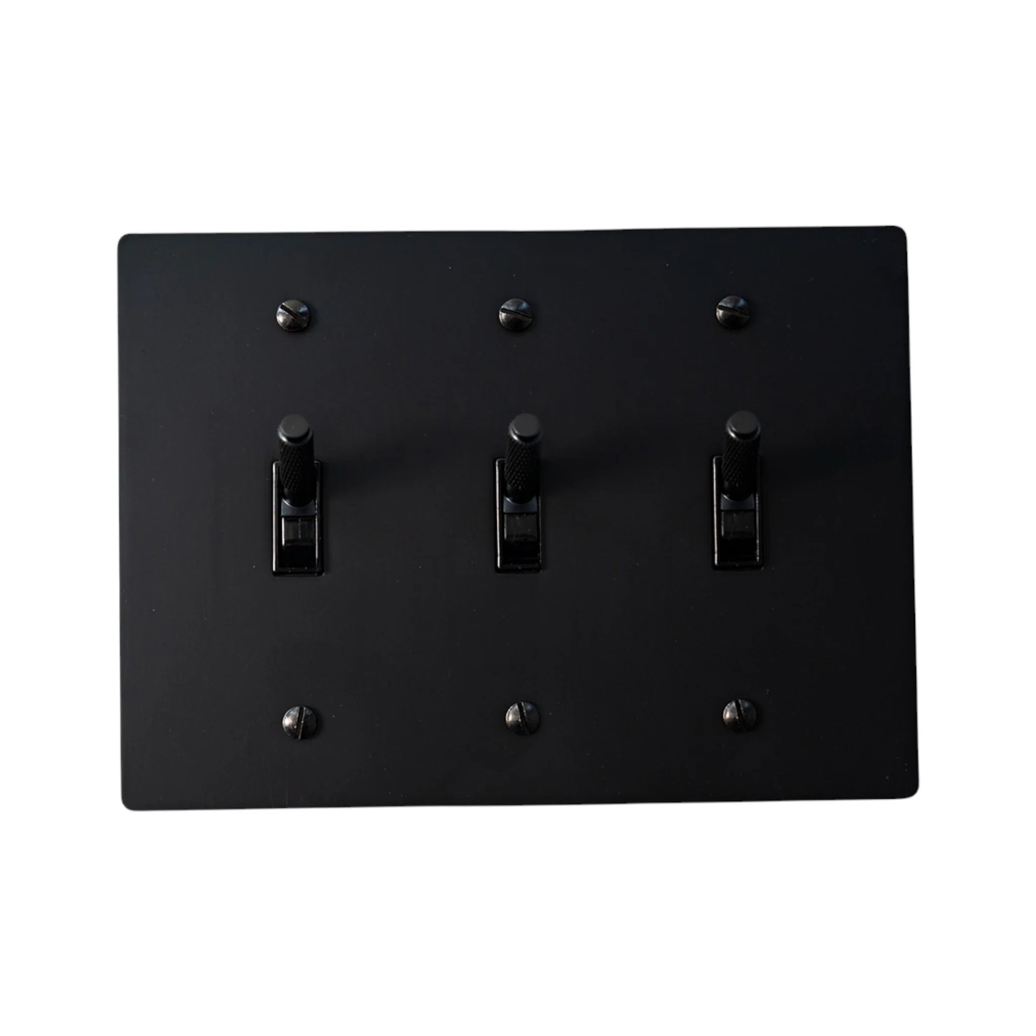 3-gang knurled toggle light switch plate in matte black, front view
