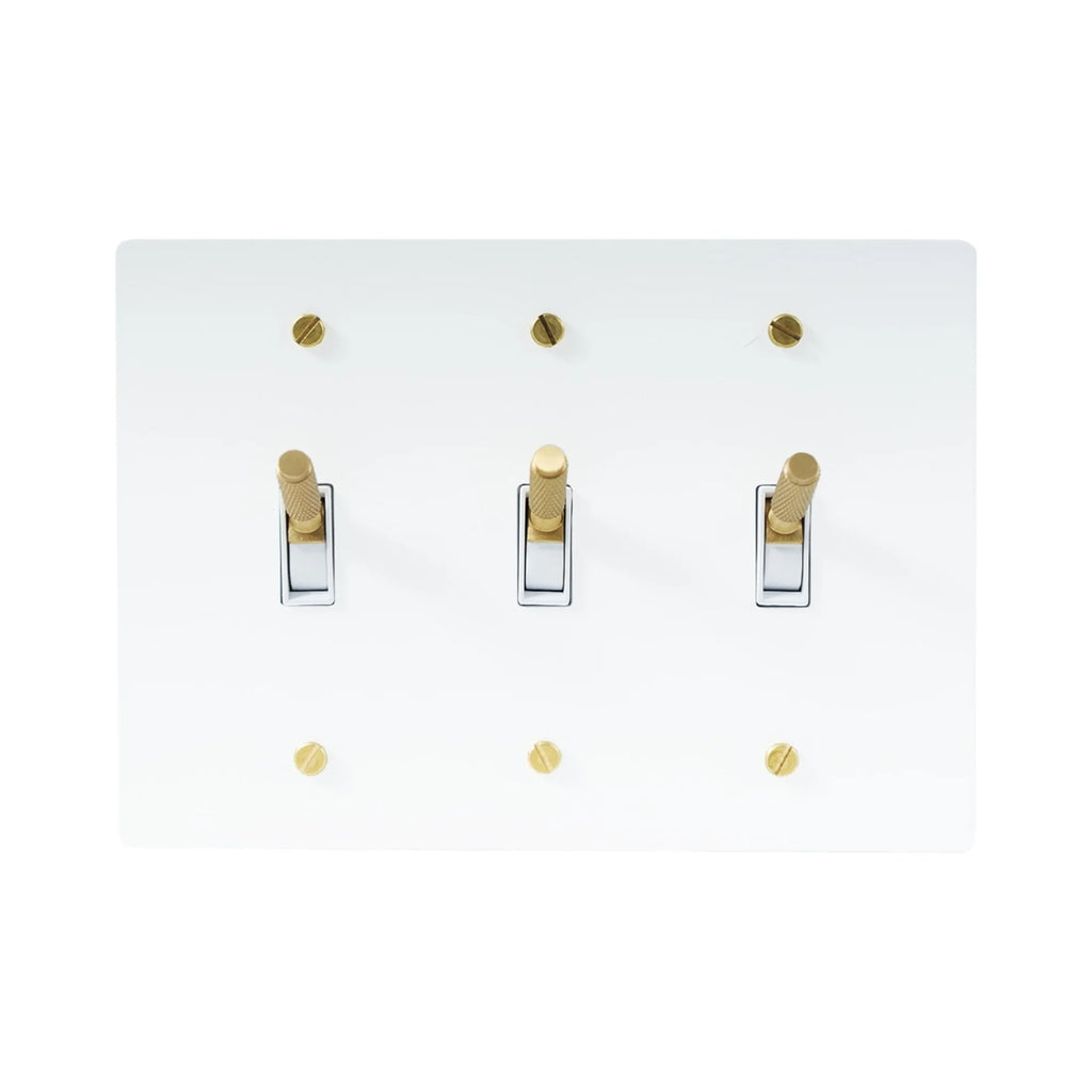 Close-up of knurled toggle detail on white 3-gang switch plate
