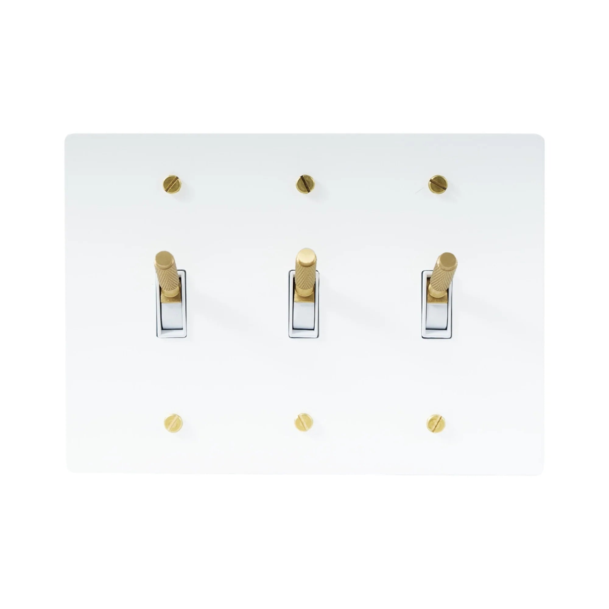 Close-up of knurled toggle detail on white 3-gang switch plate