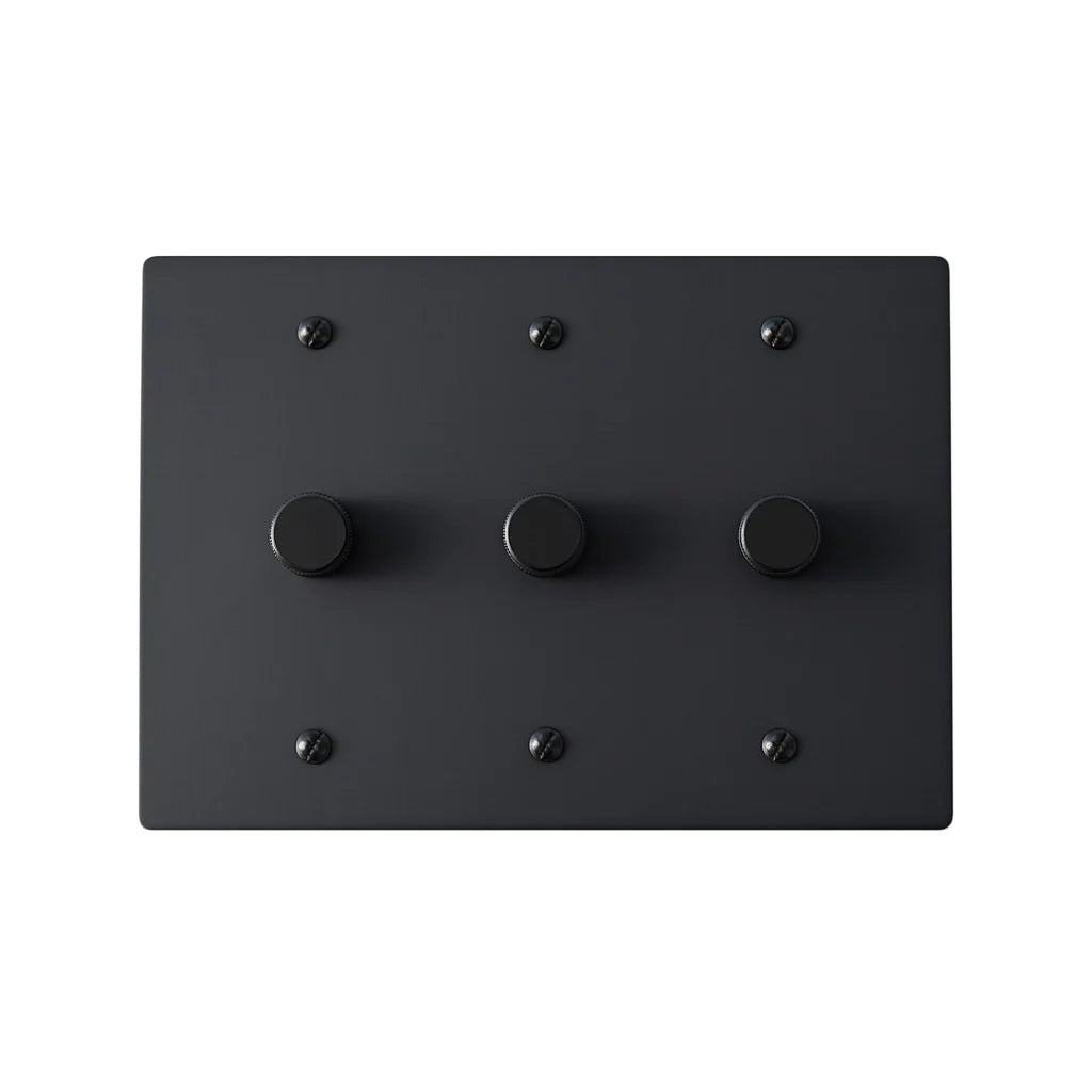 Matte black triple dimmer switch with three rotary knobs — contemporary multi-light dimmer panel for home lighting control