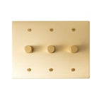 Three gang solid brass dimmer switch with smooth knobs and minimalist brushed finish.