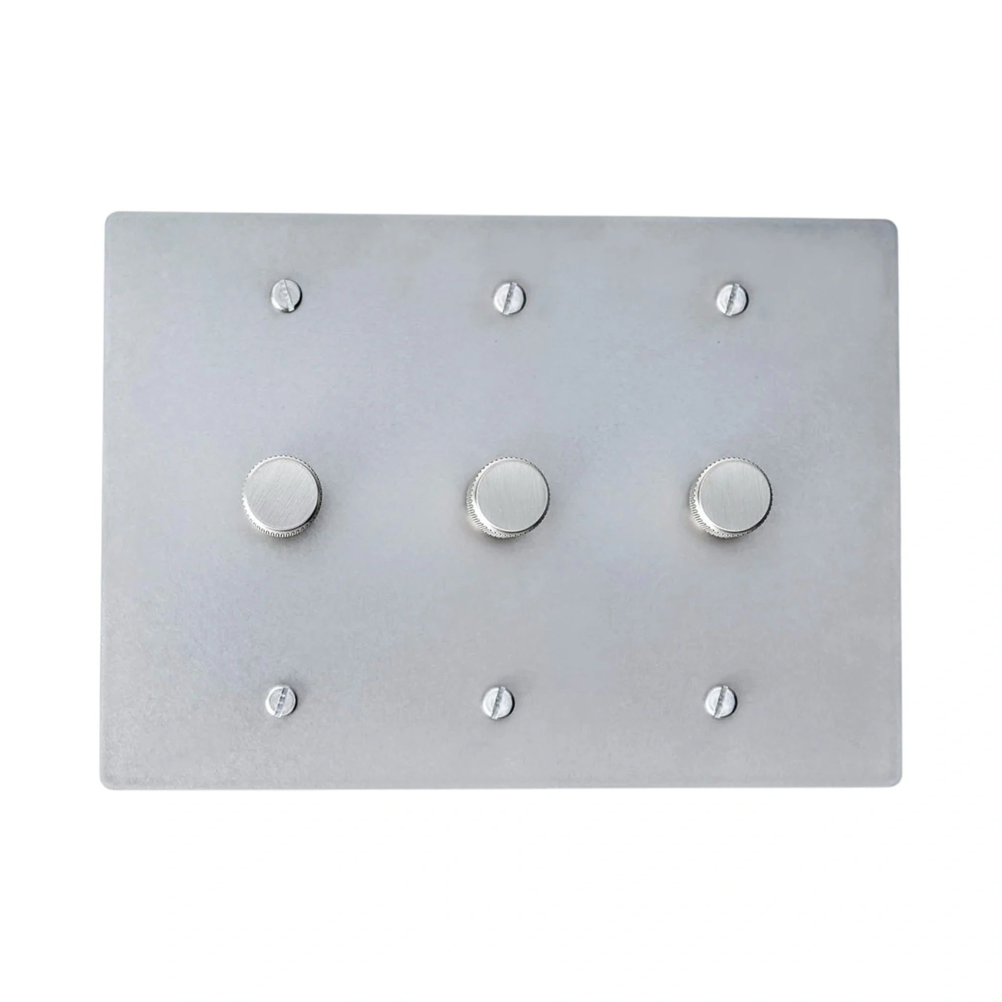 Three gang brushed nickel dimmer switch panel with smooth control knobs and satin brushed surface.