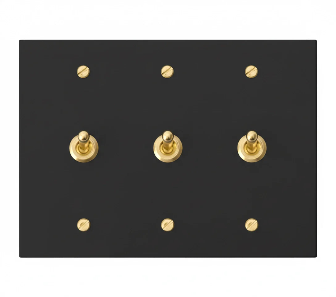 3-gang solid brass retro toggle light switch in matte black finish
