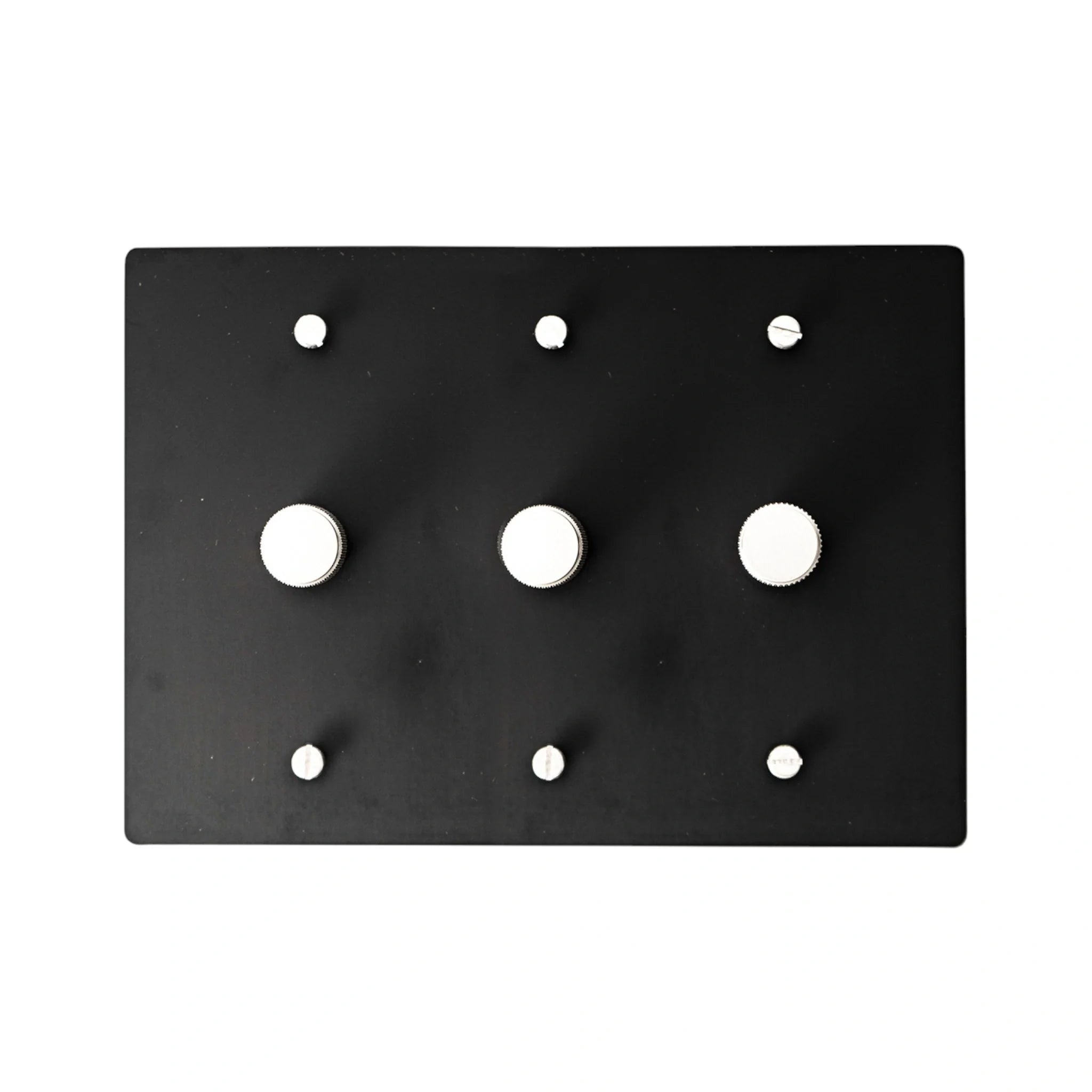 Black 3 gang dimmer switch 2ith silver knobs on a white background