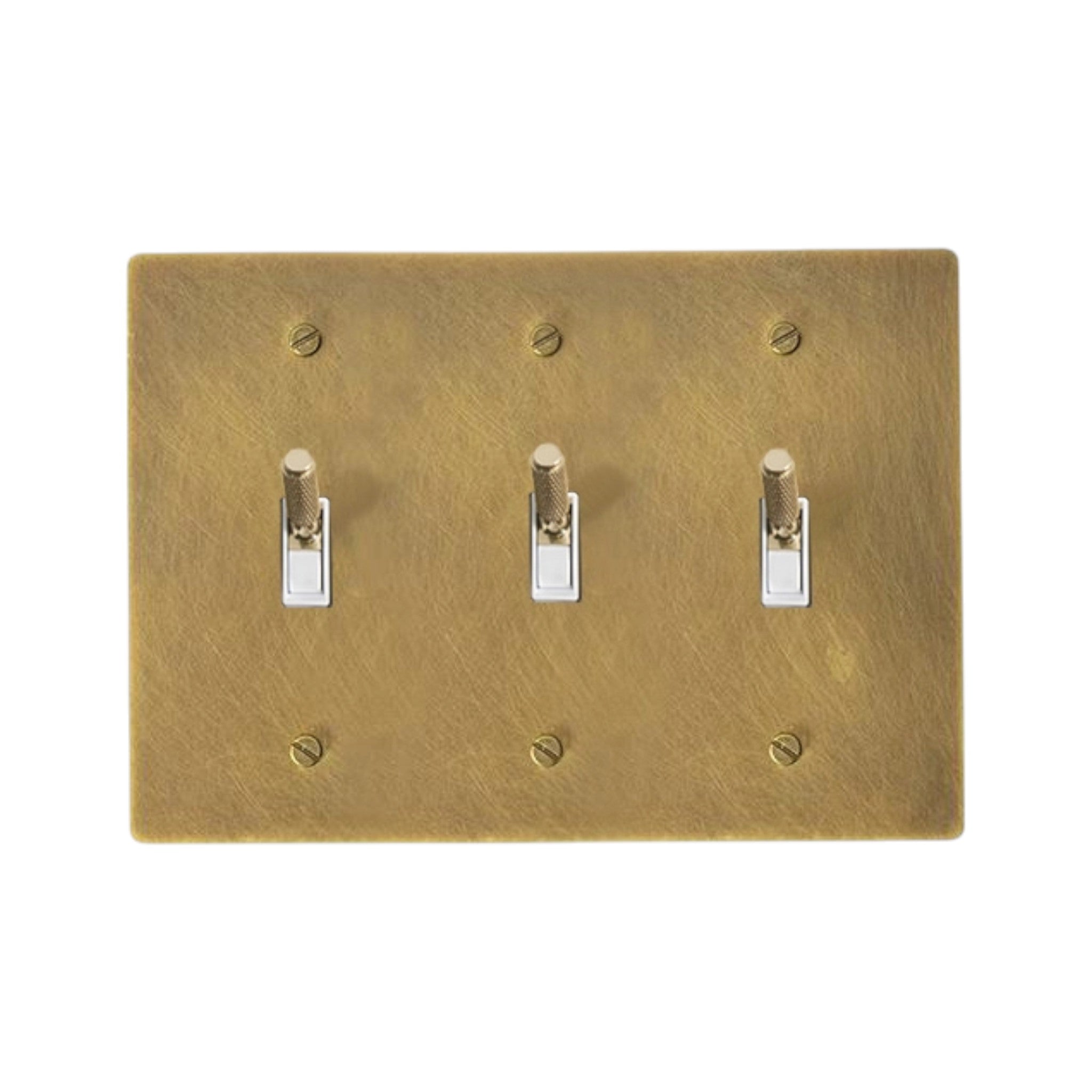 Antique brass 3-gang knurled toggle switch plate, hand-brushed
