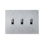 3-gang knurled toggle light switch plate in stainless steel finish, front view