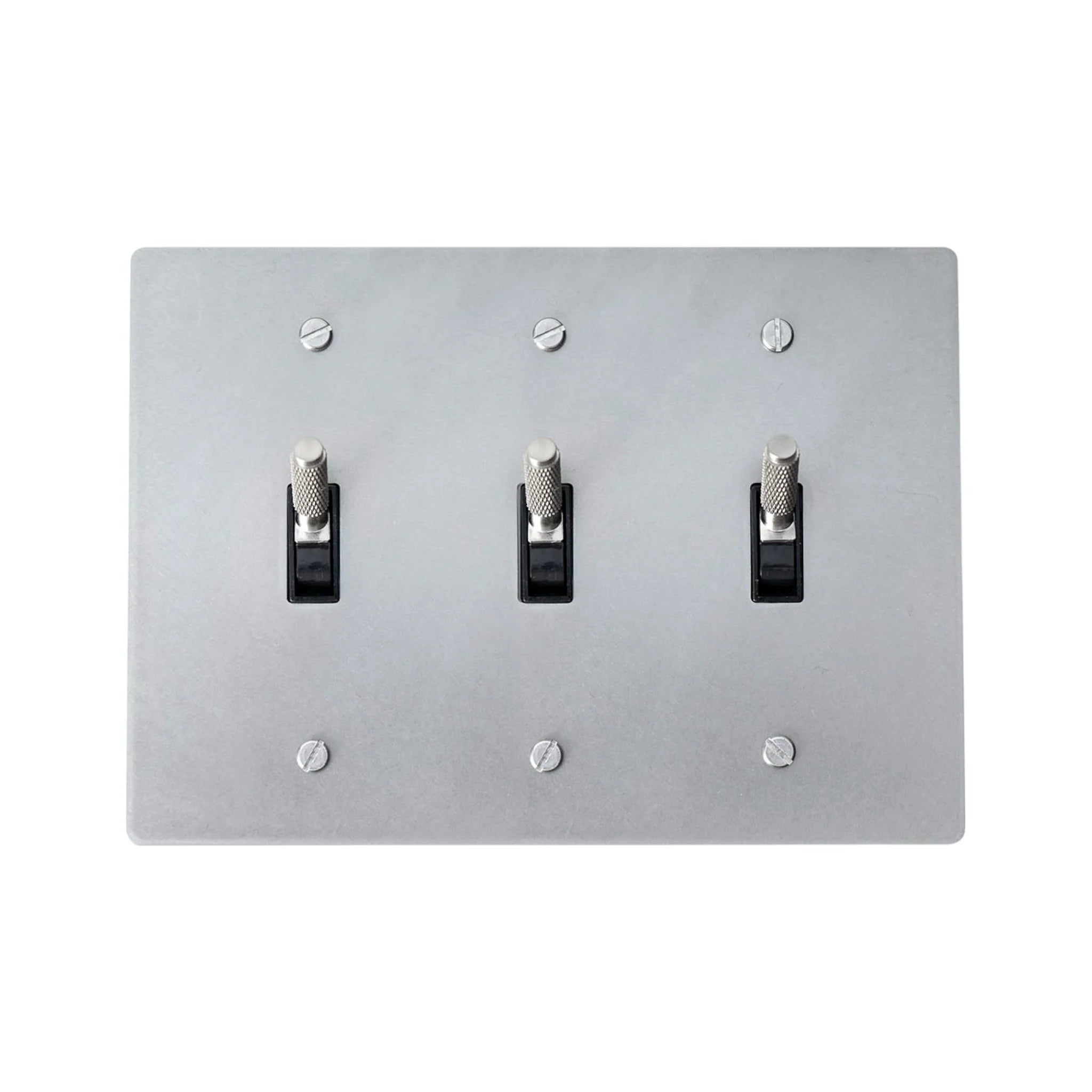 3-gang knurled toggle light switch plate in stainless steel finish, front view