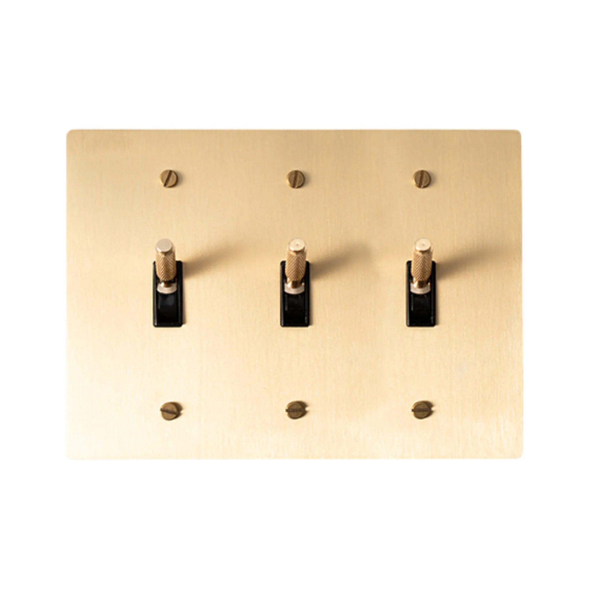 3-gang knurled toggle light switch plate in satin brass, front view