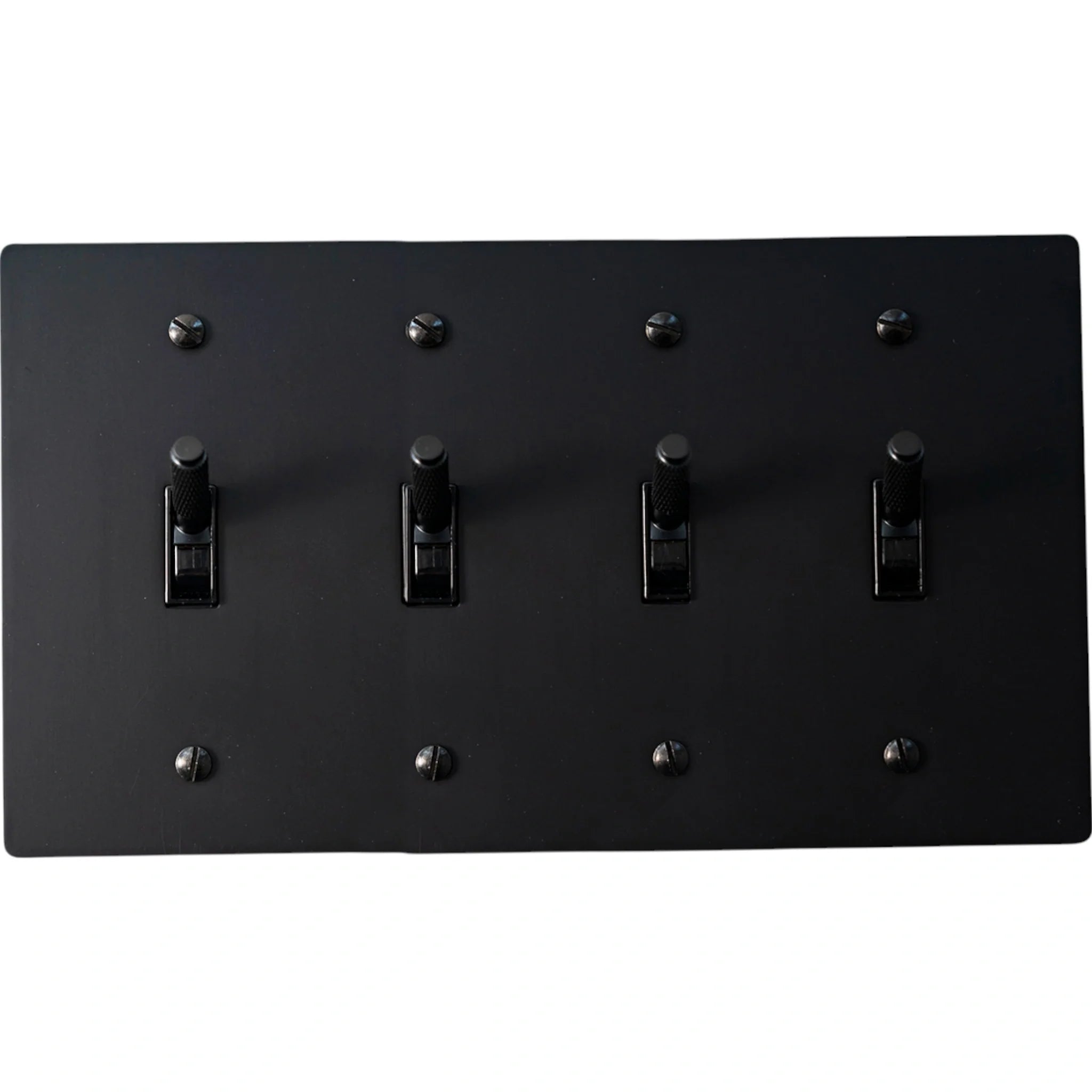 4-gang knurled toggle light switch plate in matte black, front view