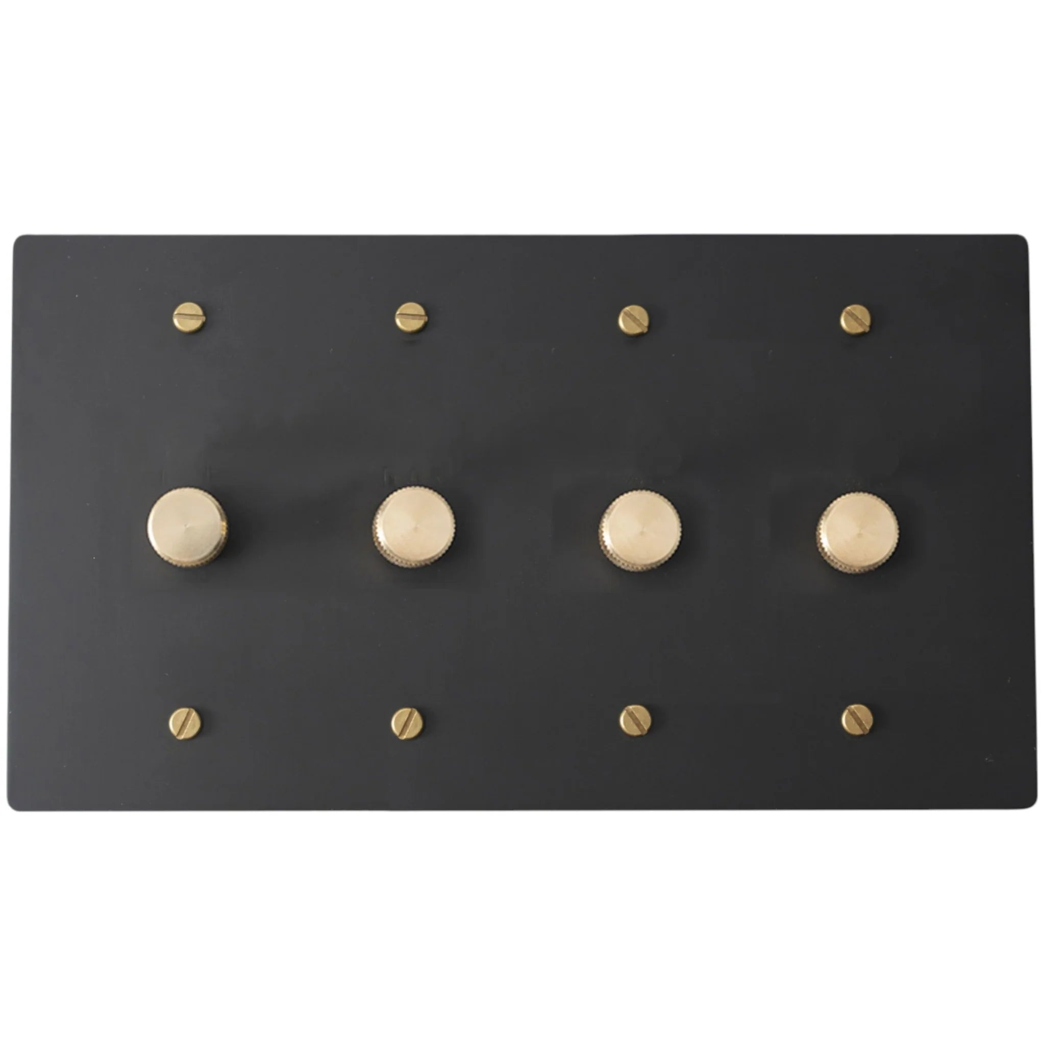Black 4 gang dimer switchplate with gold circular elements on a white background