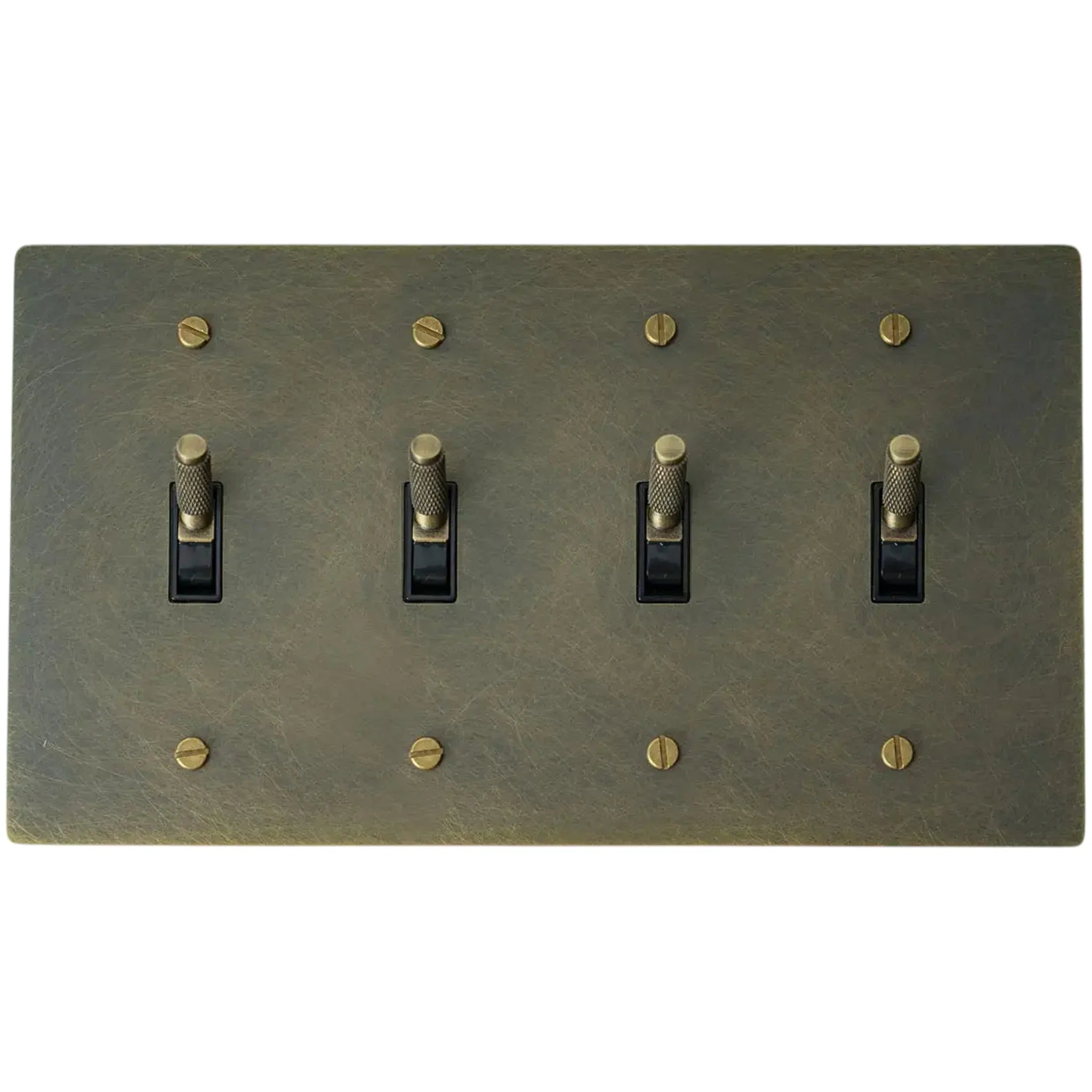 4-gang knurled toggle light switch plate in aged bronze, hand-brushed, front view