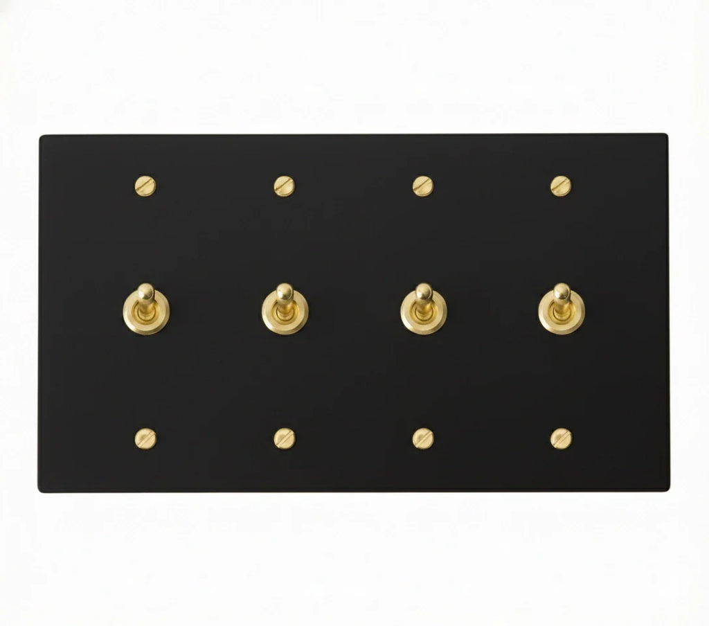 4-gang solid brass retro toggle light switch in matte black finish