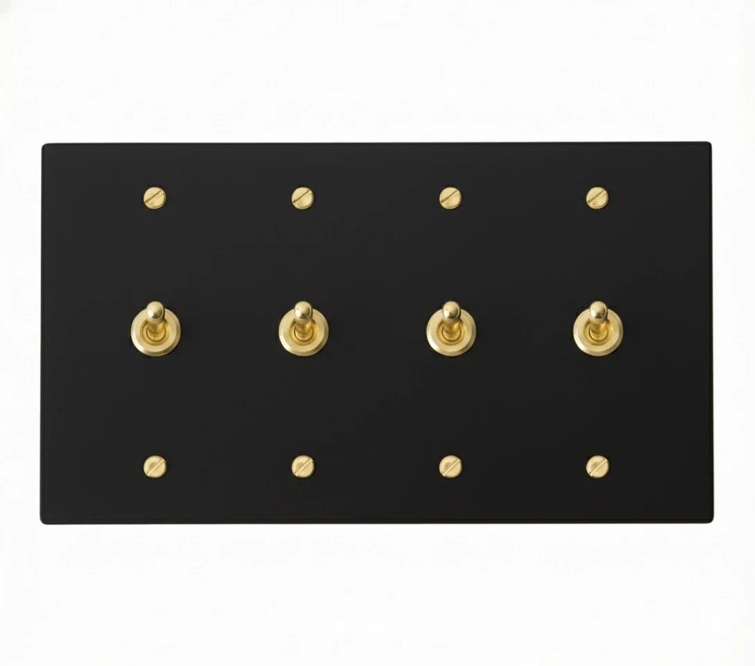 4-gang solid brass retro toggle light switch in matte black finish