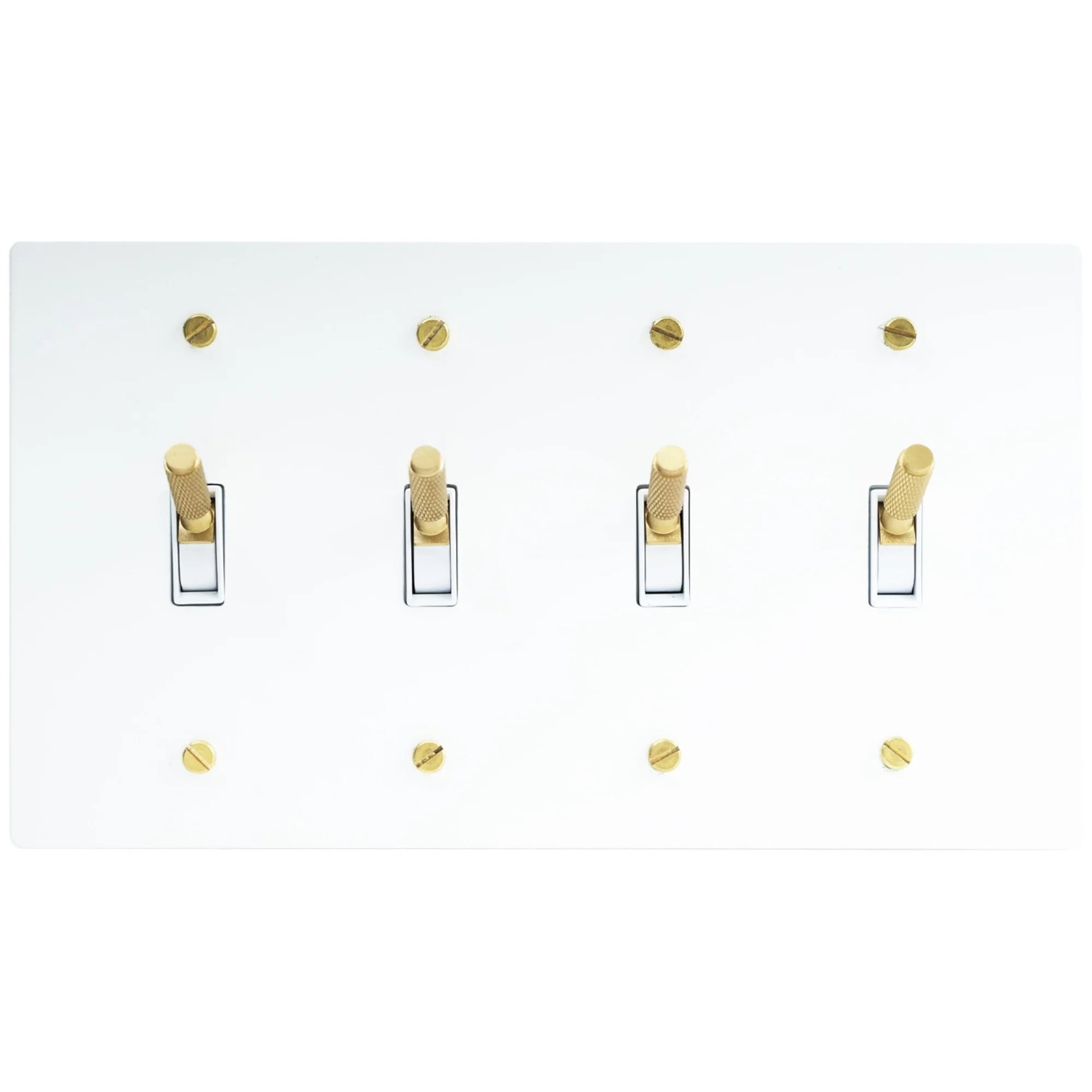 Close-up of knurled toggle detail on white 4-gang switch plate