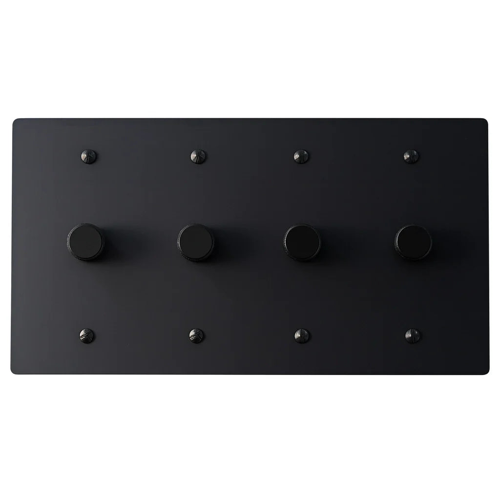 Matte black four-gang dimmer switch with rotary knobs — modern wall dimmer for kitchen, living room, or hallway lighting