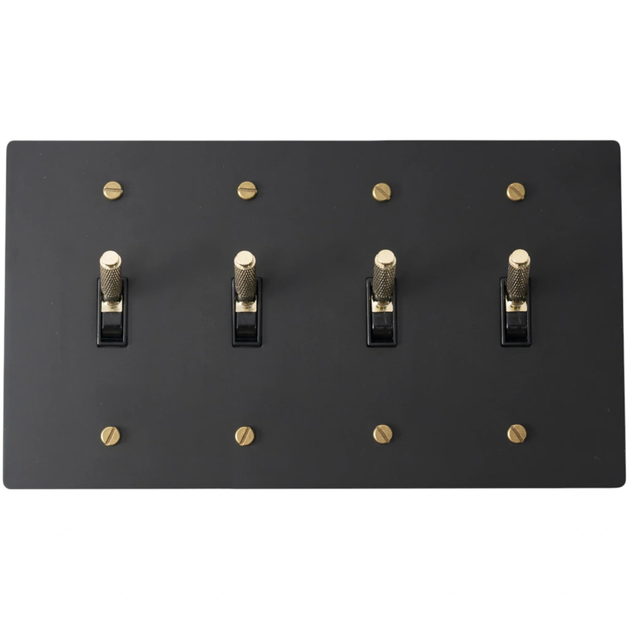 Close-up of knurled toggles on matte black 4-gang switch plate