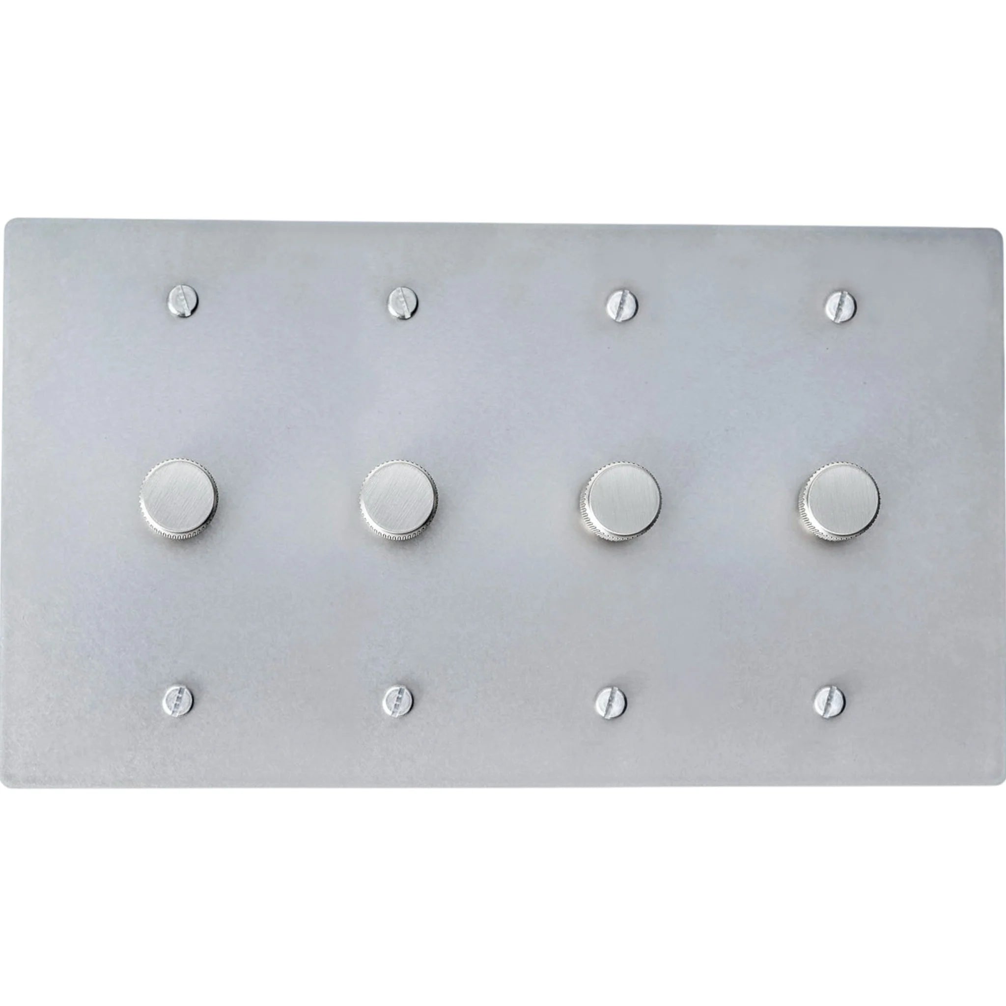 Four gang brushed nickel dimmer switch plate with multiple rotary knobs for modern lighting control.