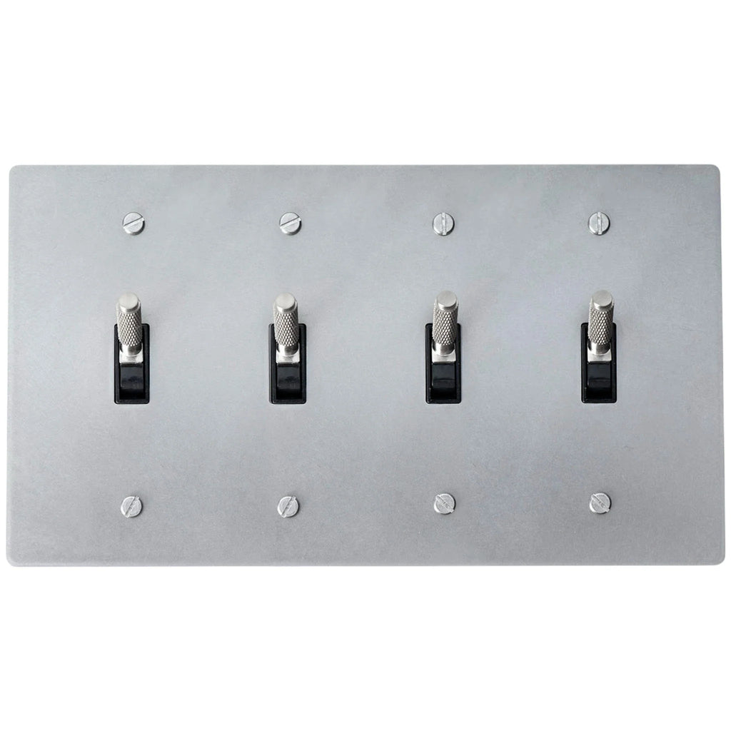 4-gang knurled toggle light switch plate in stainless steel finish, front view