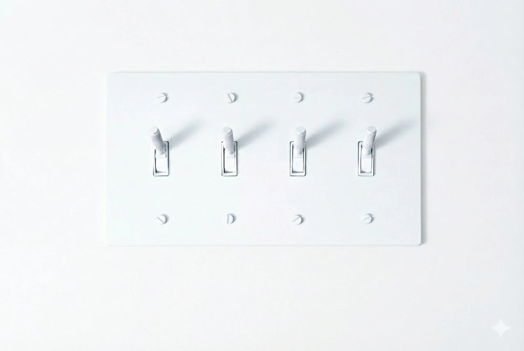 4-gang knurled toggle light switch plate in white, front view