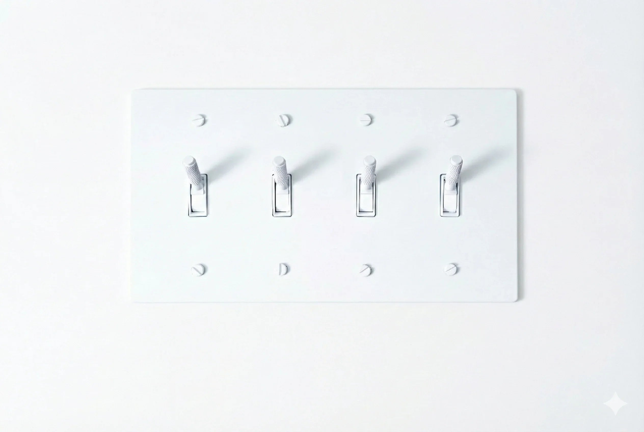 4-gang knurled toggle light switch plate in white, front view