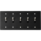 Back view of 5-gang toggle switch plate, matte black finish, mounting hardware visible