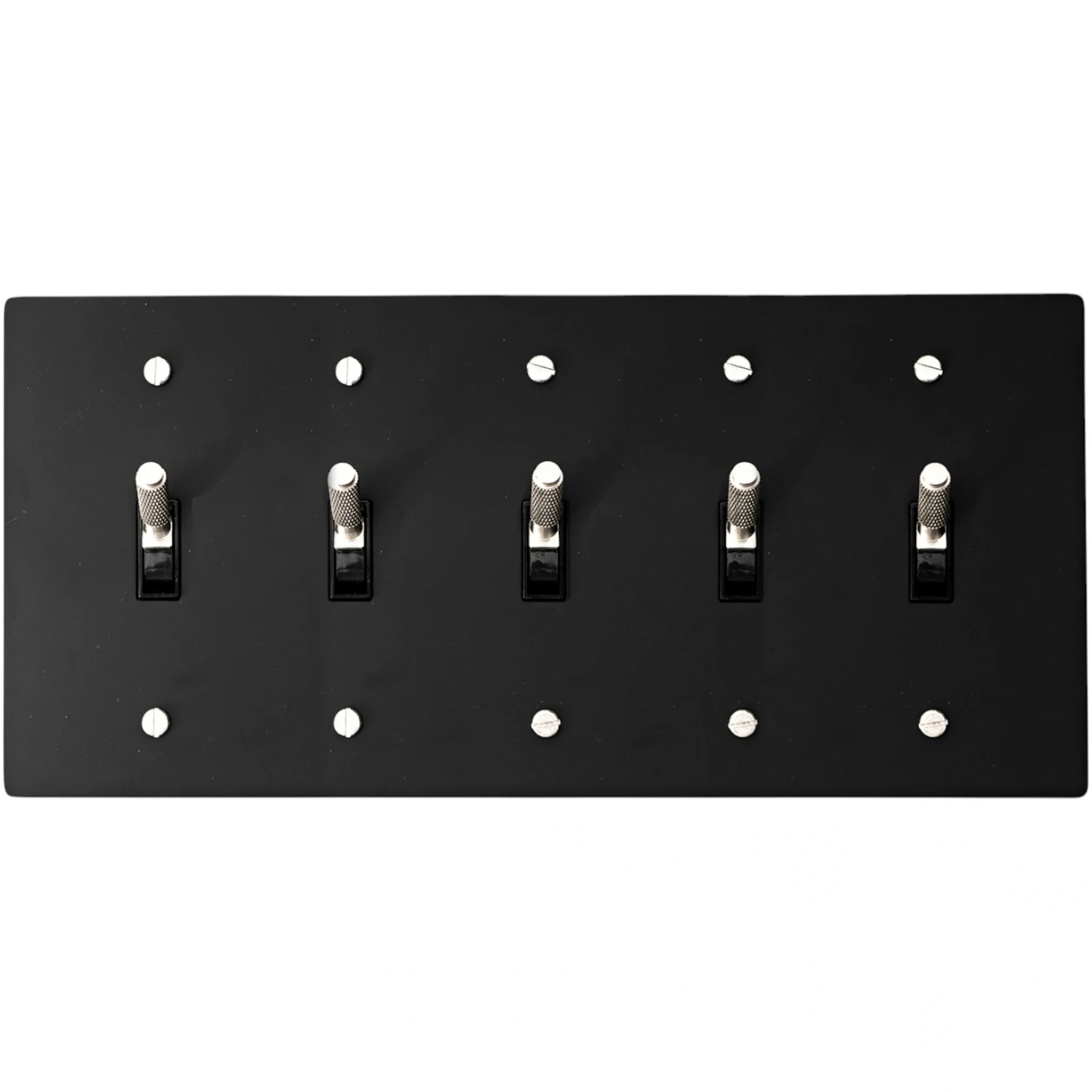 Back view of 5-gang toggle switch plate, matte black finish, mounting hardware visible
