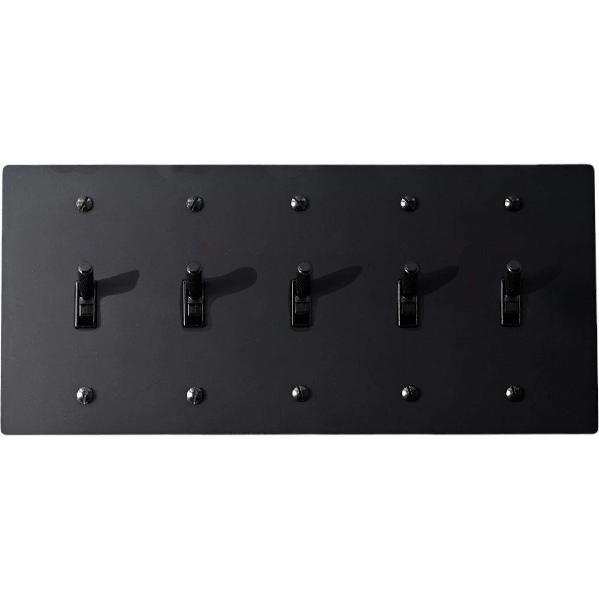5-gang knurled toggle light switch plate in matte black, front view