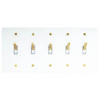 5-gang knurled toggle light switch plate in white, front view