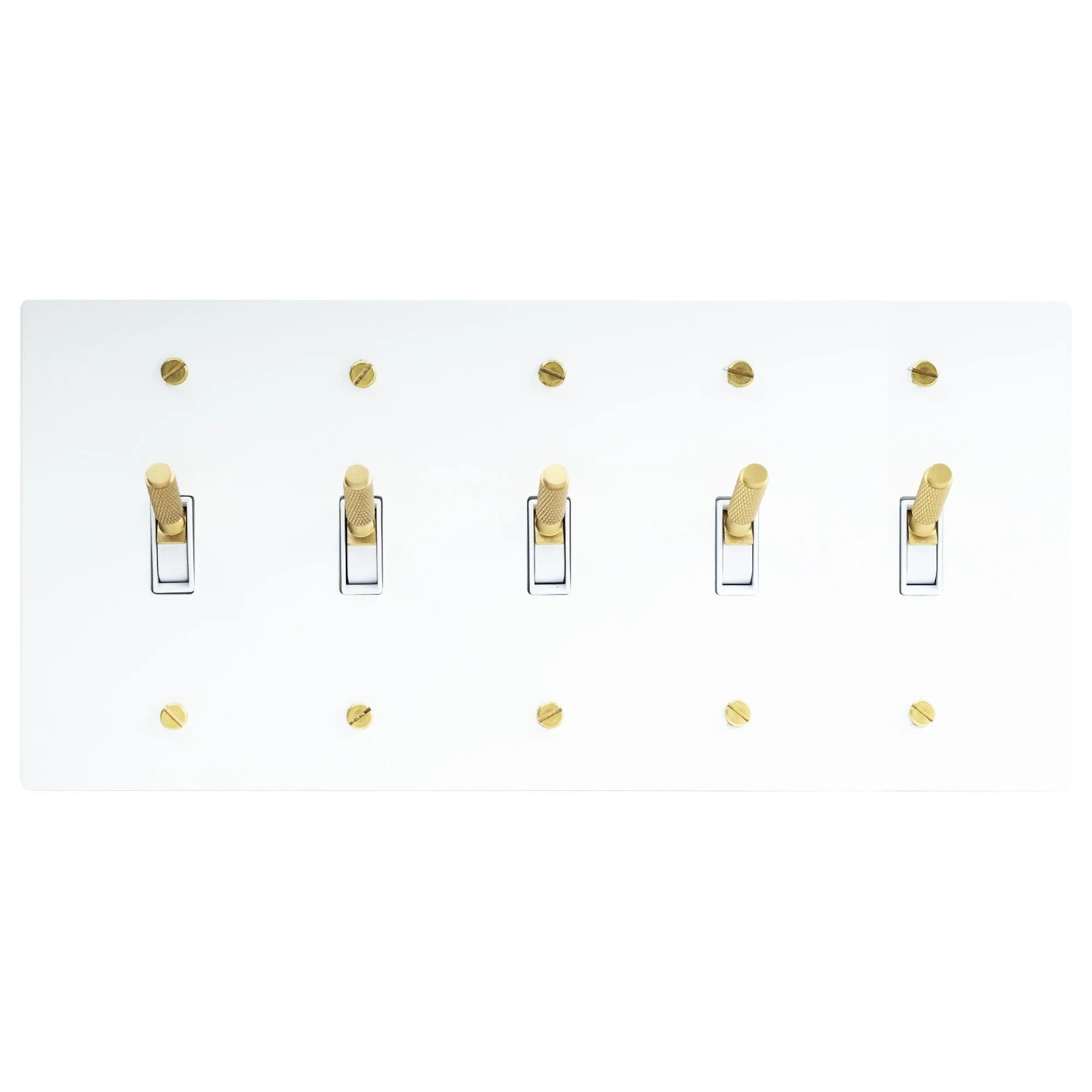 5-gang knurled toggle light switch plate in white, front view