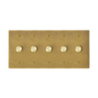 Five gang antique brushed brass dimmer switch plate with smooth rotary knobs for multi-light control.