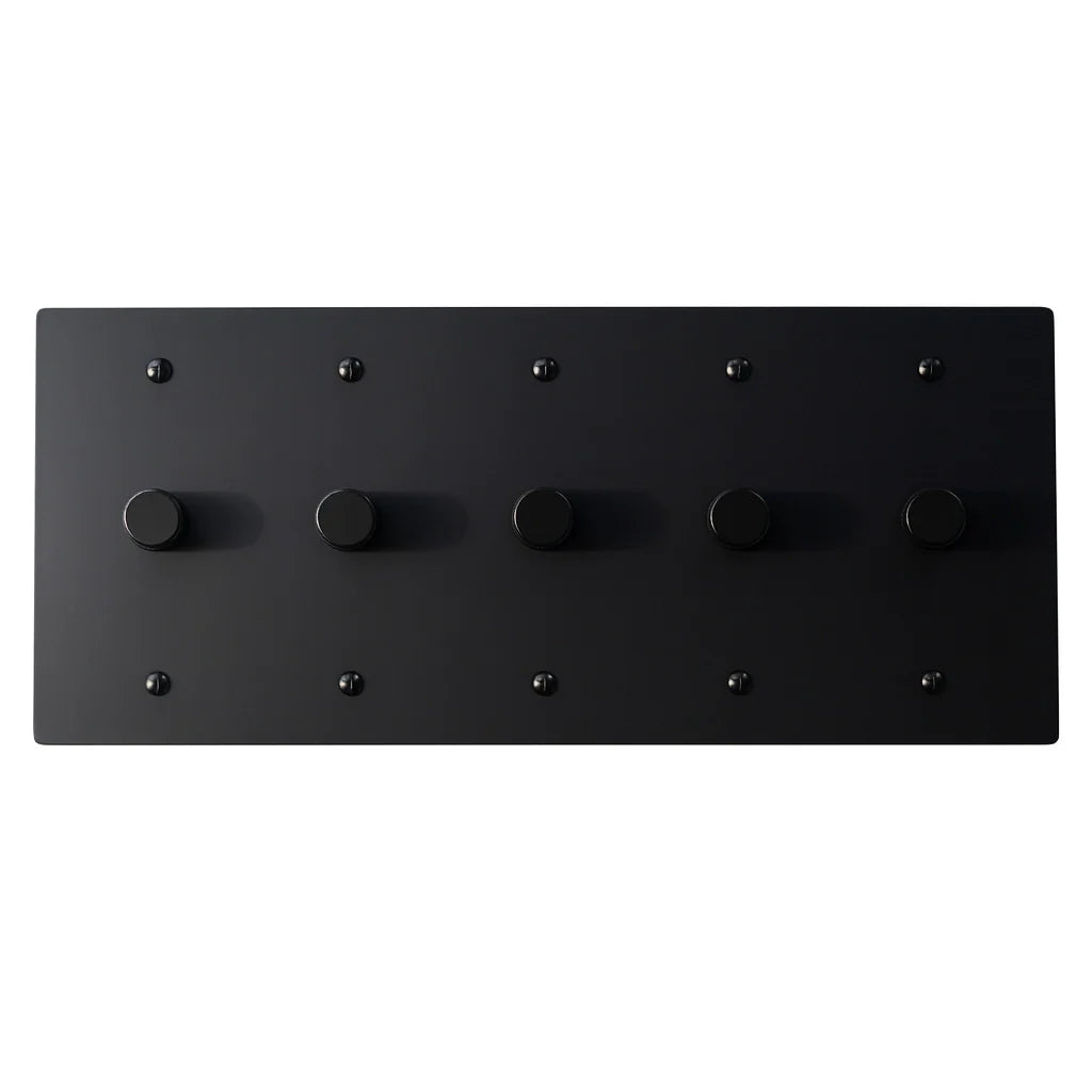 Matte black five-gang dimmer switch with rotary knobs — premium large light dimmer panel for luxury home interiors