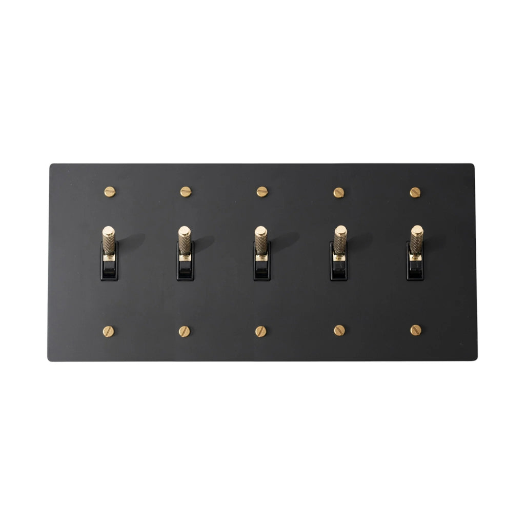 Matte black 5-gang knurled toggle switch plate