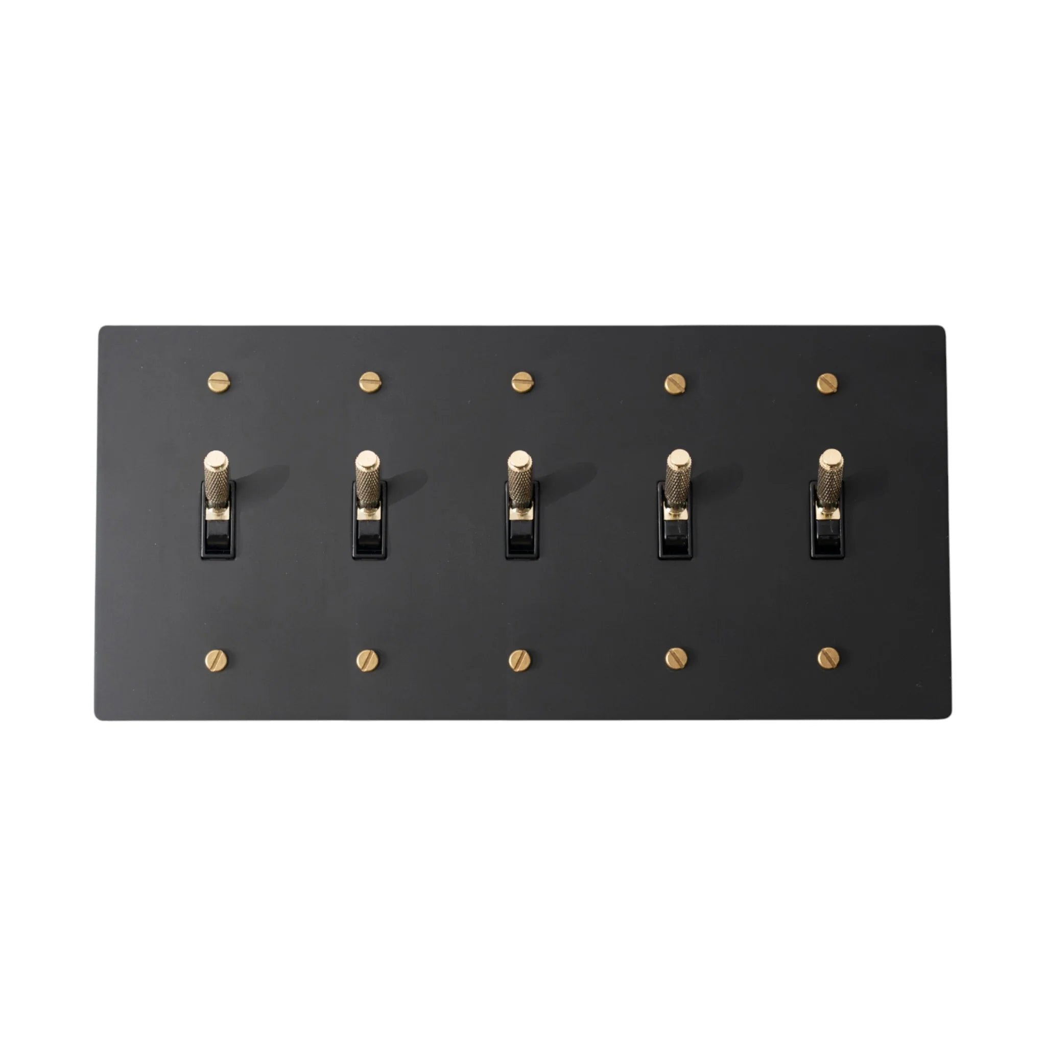 Matte black 5-gang knurled toggle switch plate