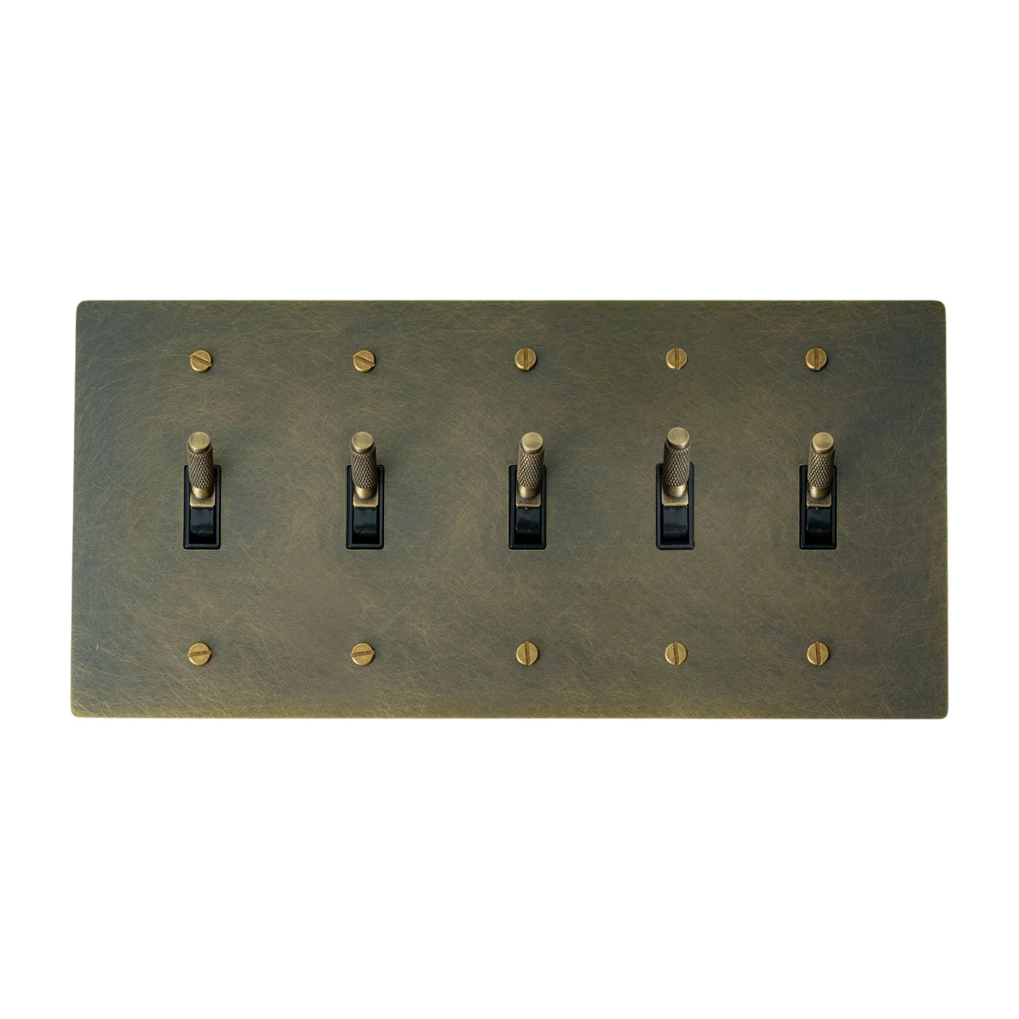 5-gang knurled toggle light switch plate in aged bronze, hand-brushed, front view