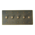5 gang Bronze brass dimmer switch plate with antique knob on a white background