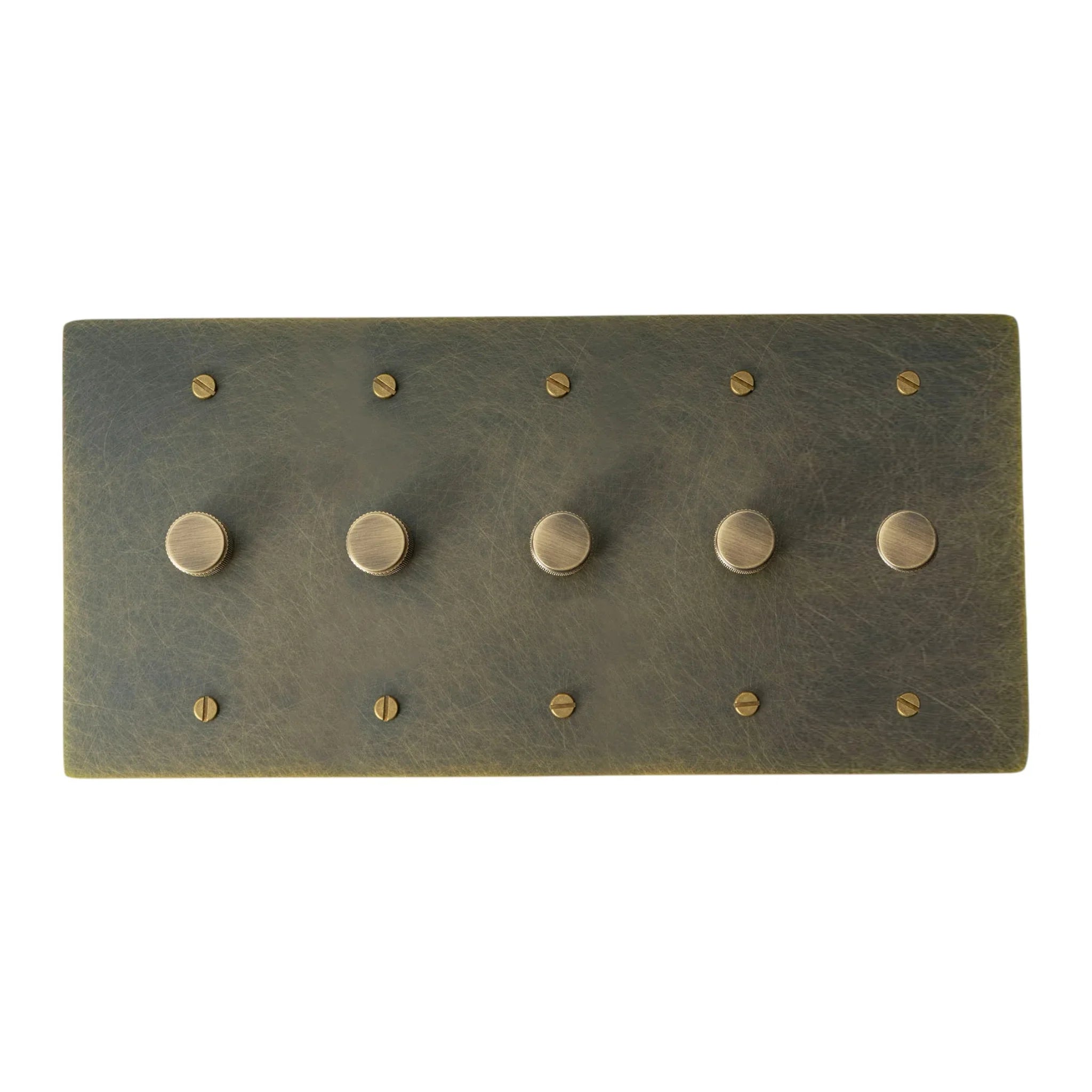 5 gang Bronze brass dimmer switch plate with antique knob on a white background