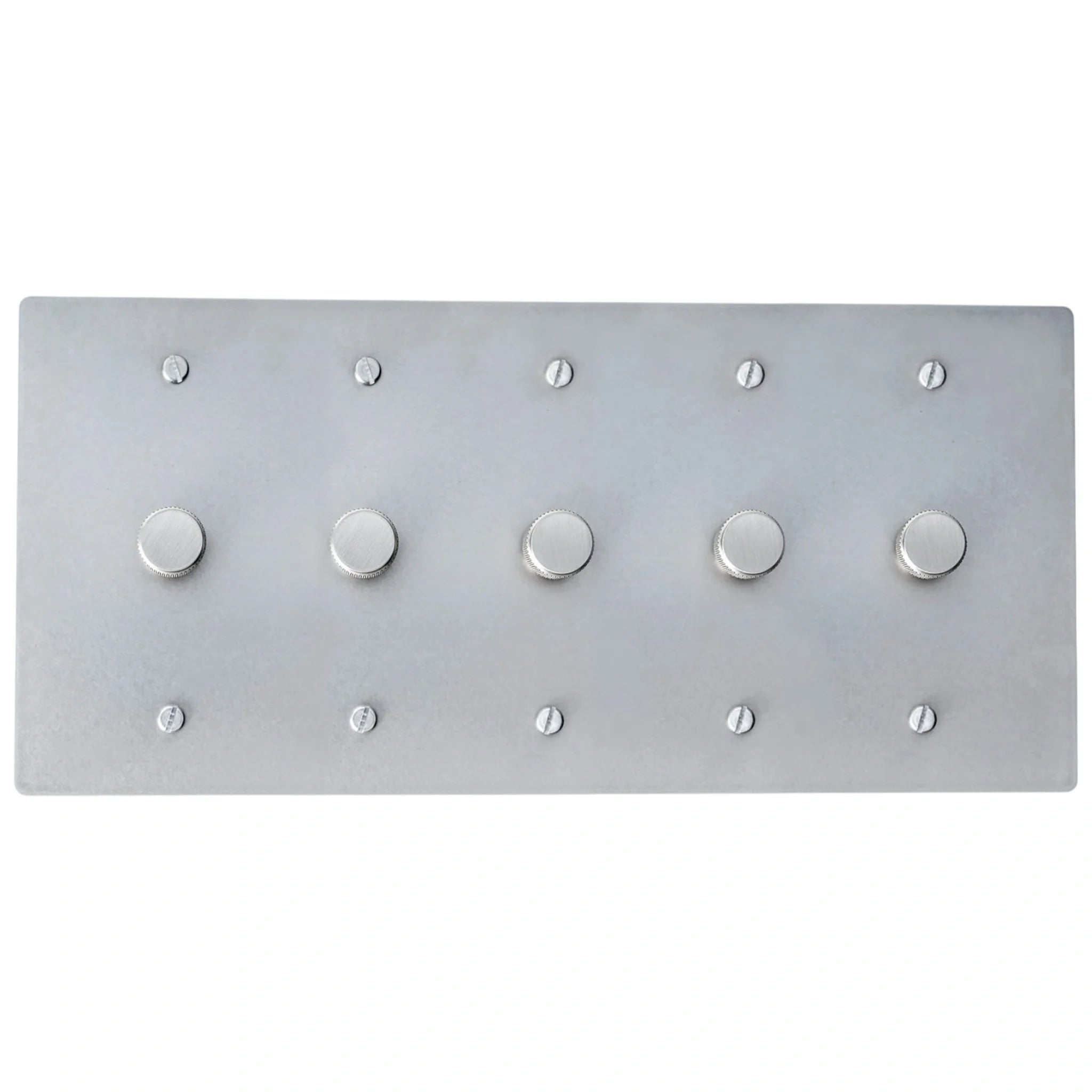 Five gang brushed nickel dimmer switch with smooth metal knobs and contemporary brushed finish.