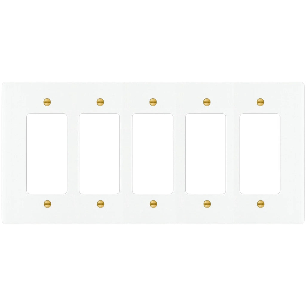 5-gang Decora wall plate in White finish with brass screws