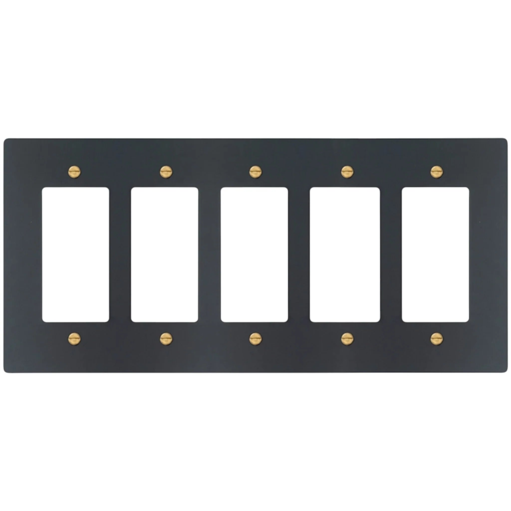 5-gang Decora wall plate in Matte Black finish with brass screws